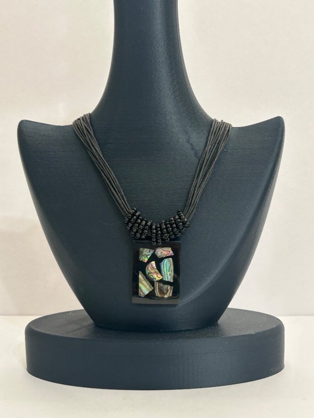 Black Multi-Strand Necklace w/ Abalone Shell Mosaic Plastic Pendant Lightweight